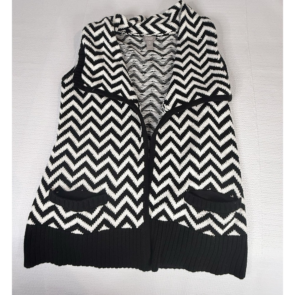 Chico's Chevron Knit Sweater Vest Black Ivory Shawl‎ Collar Pockets Size 0